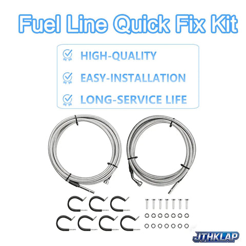 No Sweat Flexible Stainless Steel Braided Fuel Line Quick Fix Kit For Chevrolet Silverado 1500 and GMC Sierra 1500 V8 Engines 4 8 5 3 6 0 Liter Years 2004 2007 featuring braided hoses and connectors.