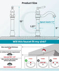 Diagram of vessel sink faucet with 360 degree swivel spout, dimensions, and compatibility with sink hole sizes.