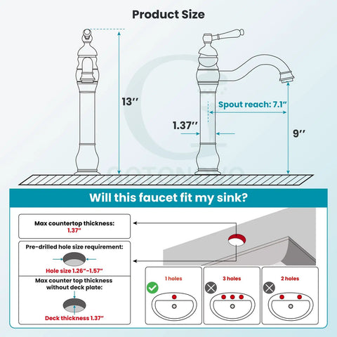 Diagram of vessel sink faucet with 360 degree swivel spout, dimensions, and compatibility with sink hole sizes.