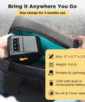 Bluetooth Label Maker For Home And Office being placed in backpack, features inkless printing, measures 5” x 3.7” x 2.3”.