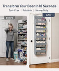 Five Tier Over The Door Hanging Storage Rack With Super Deep Pockets Absolute Game Changer For Cramped Dorm Rooms And RVs shown on a door, organizing items.