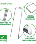 Heavy Duty 6 Inch Galvanized Landscape Staples Pack Of 50 Pro Grade Lawn Ground Spikes And Stakes For Weed Barrier Fabric And Landscaping, Rust Free And Extra Strong Steel For All Weather, close-up view showing flat head and pointed ends.
