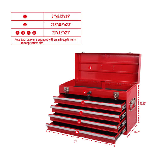 Badass 21 Inch Auto Lock Rolling Tool Chest With Ball Bearing Slides showing dimensions and drawer layout in red with padded storage.