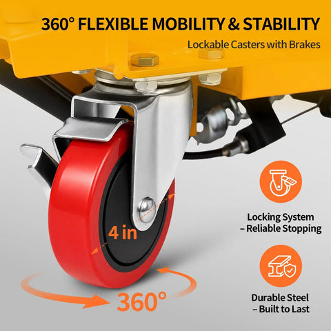 Close-up of 4-inch lockable caster wheels on Heavy Duty Scissor Lift Cart 400 Pound Capacity for enhanced stability and mobility.