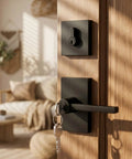 Secure Your Curb Appeal For Keeps With This Tough As Nails Black Exterior Door Handle Pairing A Smooth Single Cylinder Deadbolt For Maximum Security Quick Install And Peace Of Mind on a wooden door.