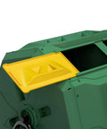 43 Gallon Dual Chamber Compost Tumbler For Easy Outdoor Garden Composting With Sliding Door Rotating Bin Tumbling Composter In Green Durable UV Protected Plastic Drum Built To Last In Any Weather, side view showing drum and yellow sliding door.