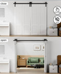 Heavy Duty 80 Inch Bi Folding Sliding Barn Door Hardware Track Kit With Silky Smooth Black Rollers For Quick Room Division, open and close views.