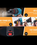 Rugged Brushless Cordless Drill Delivers 55 Nm Of Knob Twisting Torque And Twin Speed Settings with LED and 3/8 inch keyless chuck.