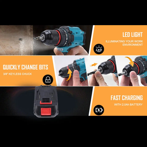 Rugged Brushless Cordless Drill Delivers 55 Nm Of Knob Twisting Torque And Twin Speed Settings with LED and 3/8 inch keyless chuck.