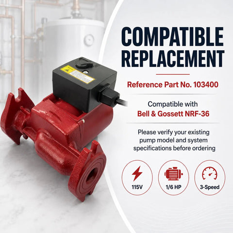 Top Shelf Hot Water Circulation Pump Replacement 103400 Hydronic Heating Boiler System 115 Volt cast iron circulator pump for Bell & Gossett NRF-36.