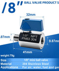 1/8-inch mini ball valve in 304 stainless steel, 1/8 NPT threads, dimensions labeled, blue handle, corrosion-resistant, for air, water, fuel, gas.