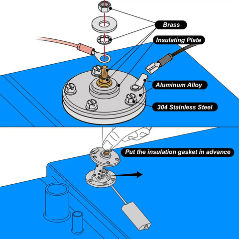 Diagram showing components of Built Tough Marine Fuel Sending Unit With Flexible Stainless Probe for Boat Gas Tank sensor setup.