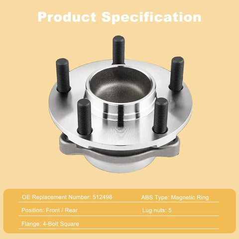 Built Nasty Tough 2 Piece Front Or Rear Wheel Hub Bearing Assembly With Direct Drop In Abs Replaces 512498 for Ford Fusion, displaying specifications.