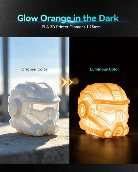 Glow In The Dark PLA Filament 1.75mm 4 Pack Bundle for 3D Printing, showing a glowing orange 3D printed helmet model.