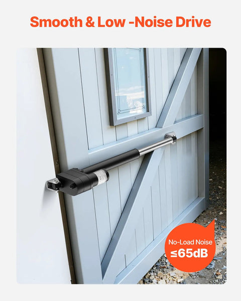 12V Beefy Linear Actuator 7.87 Inch Stroke With 2023 Pounds Thrust Built Like A Tank Featuring IP65 Waterproof Housing mounted on a door.