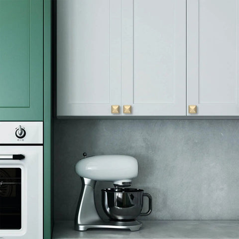 Brushed Brass Square Cabinet Knobs For Kitchen And Drawers Built Tough Cold Cast Metal Hardware on sleek white cabinets.