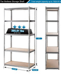 Built Tough Five Tier Storage Shelves With Thick Durable Mdf Boards And Reinforced Steel Frame. 72" tall with 385.81 lbs capacity per tier.
