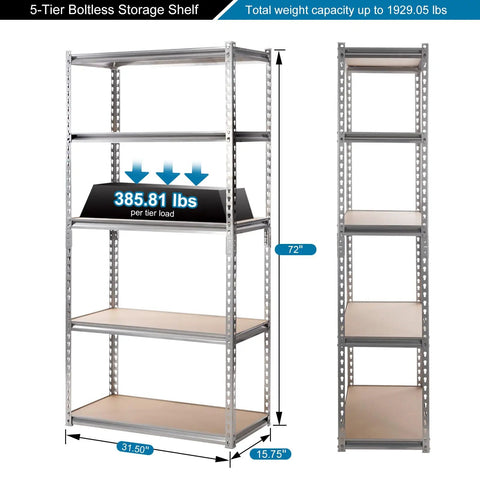 Built Tough Five Tier Storage Shelves With Thick Durable Mdf Boards And Reinforced Steel Frame. 72" tall with 385.81 lbs capacity per tier.