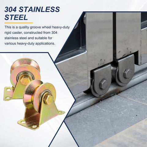 2 Inch V Groove Steel Casters Heavy Duty Gate Roller Kit 330 Lb Load Rating With Bracket For Inverted Rails And Yard Gates showing 304 stainless steel caster components.