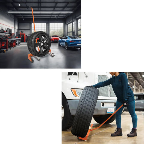 Badass Heavy Duty Tire Wheel Dolly That Swallows Up To 330 Pounds Of Massive Truck Tires Without Breaking A Sweat While Keeping Your Auto Shop Operations Smooth And Reliable. Tire dolly shown lifting a truck tire in an auto shop setting.