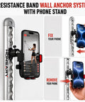 Resistance Band Wall Anchor System with Phone Stand demonstrating secure phone mount for workouts, featuring heavy-duty rails.
