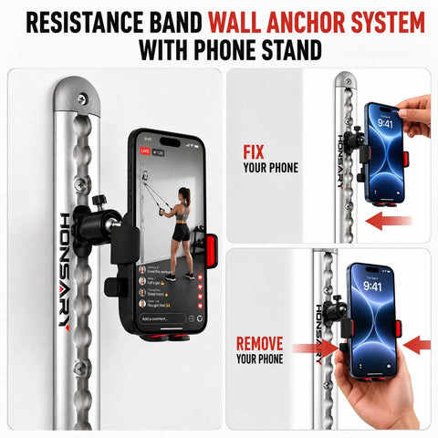 Resistance Band Wall Anchor System with Phone Stand demonstrating secure phone mount for workouts, featuring heavy-duty rails.