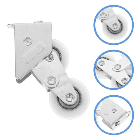 Four Piece Heavy Duty Aluminum Pulley Rollers For Smooth Sliding Doors And Windows Straight Up Quick Swap Garage Track Replacement Hardware close-up view of two wheels