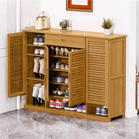 Spacious Six Tier Freestanding Shoe Cabinet Boasting Four Doors And A Nifty Drawer To Stow Away Your Best Kickers In Style with displayed shoes