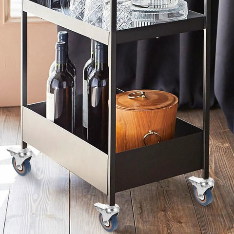 Four Pack Three Inch Gray Pvc Swivel Casters With Lock Brake Stem Mount on black utility cart with wine bottles.