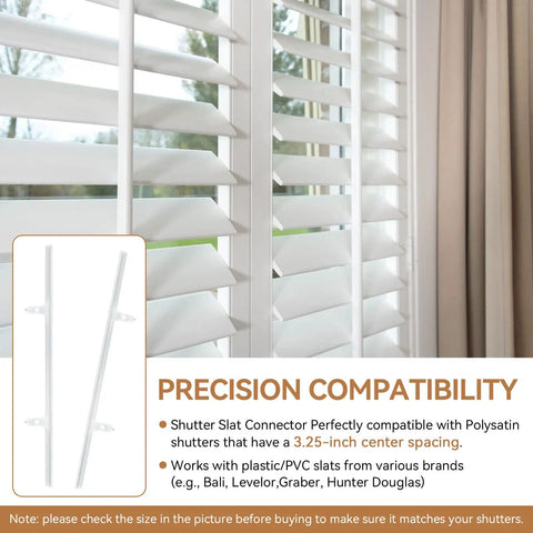Twenty Heavy Duty Shutter Vane Repair Slider Connectors Made From Resilient Nylon Tilt Rod Replacement Parts For Plantation Blinds, fitted on white slats.