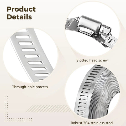 32.8 Ft 304 Stainless Steel Hose Clamp Kit with 20 Heavy Duty Fasteners showcasing slotted screw and perforated strapping
