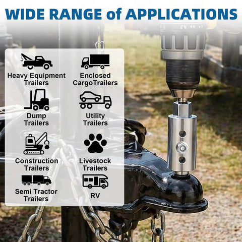 Heavy Duty Trailer Jack Drill Adapter For 1 Inch Cordless Shafts And Half Inch Square Drive Rust Proof Stainless Build in use with various trailers.