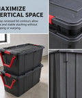 Two Pack 160 Quart Black Stackable Rolling Storage Bins with Heavy Duty Red Latches and Smooth Glide Wheels, stacked to maximize vertical space.