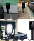 Heavy Duty EV Charger Lock Box With Key Weatherproof Cover For Electric Vehicles, shown mounted in various locations.
