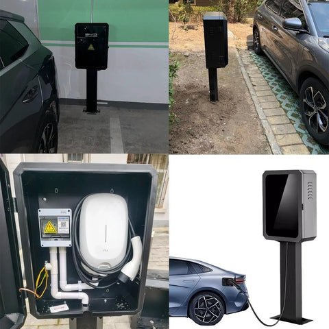 Solid EV Charger Enclosure Heavy Duty Weatherproof Shell For Outdoor Stations Secure Lock Box with charging setup and outdoor use.