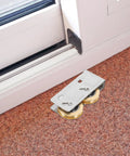 Heavy Duty Sliding Door Window Pulley Replacement Set Featuring Smooth Glide Dual Copper Wheels For Patio Doors and Track Fix Up Hardware Quick Swap Kit showing stainless metal base with copper wheels.
