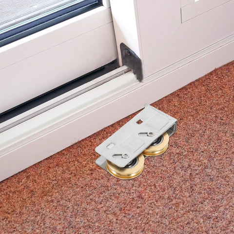 Heavy Duty Sliding Door Window Pulley Replacement Set Featuring Smooth Glide Dual Copper Wheels For Patio Doors and Track Fix Up Hardware Quick Swap Kit showing stainless metal base with copper wheels.