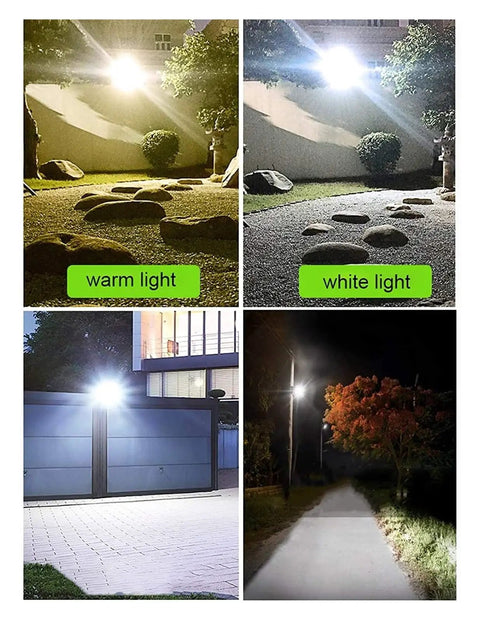Top Shelf Solar Floodlights Featuring No Sweat Dusk To Dawn Sensor And Weatherproof Remote Control For Badass Garden And Street Lighting Delivering Slick All Night Illumination in warm and white light settings illuminating paths and gardens.