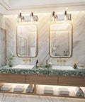 Gold 4 Light Vanity Light Fixture With Globe Clear Glass Shades For Over Mirror Bathroom, Modern Vintage Style shown over dual vanities