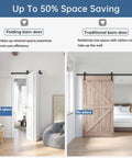 Comparison of folding and traditional barn doors; highlights Heavy Duty Bifold Sliding Barn Door Hardware Track Kit With Hassle Free Mount And Silky Smooth Glide, Sweet Solution For Cramped Spaces, Black Supports Four Doors.