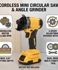Handheld Brushless 3 Inch Cordless Mini Circular Saw And Angle Grinder With Slick Dual Mode Swap and Adjustable Depth for cutting wood metal tile.