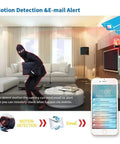 Eight Channel PoE IP Dome Camera System With Built In NVR image showing motion detection alert on mobile with thief in living room.