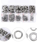 Stainless Steel Spring Lock Washer Set With Flat Spacers, 600-Piece Assortment in a plastic case, multiple sizes visible