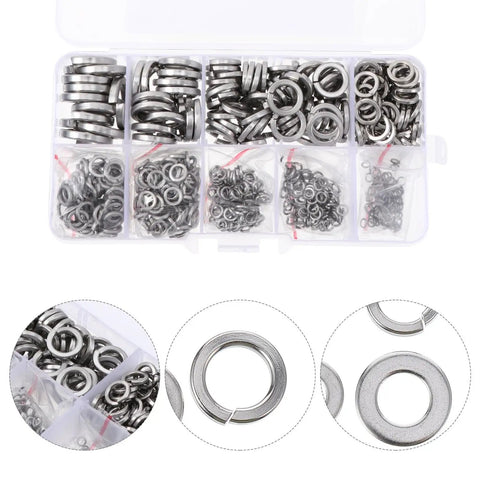 Stainless Steel Spring Lock Washer Set With Flat Spacers, 600-Piece Assortment in a plastic case, multiple sizes visible
