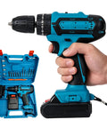 Rock Solid 21V Cordless Drill And Electric Screwdriver With Quick Lithium Battery for home DIY, shown in hand beside accessory case.