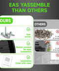 Comparison of assembly methods highlighting easy installation with few screws and clear instructions for leakproof 37.5 gallon compost tumbler.