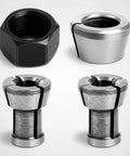 Collet Nut And Collet Chuck Set M17 Tool Holding Clamp For Precise Routing And Cutting Beefy Heavy Duty Ultra Consistent Hold For Shop Use And Fabrication Floors, 4-piece black and silver metal set
