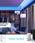 Smart home setup with WiFi Light Socket E27 E26 Two Pack With Voice And App Control, shown with Alexa and Google Home devices.