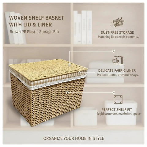 Slick Heavy Duty Flip Top Storage Bin For Closets And Bathroom Vanities To Dodge Dust And Keep Dailies Nice And Tidy With Secure Lid For Socks Scarves And Cosmetics On Desk Or Shelf. Brown woven PE plastic storage bin with lid and liner.