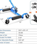 Heavy Duty Car Wheel Dollies With Ratcheting Foot Pedal, 1500 Lb Load Rating, Easy Peasy Rolling And Rock Solid Locking, Tough Garage Workhorses For Moving And Parking, Pack Of Two Blue Units dimensions with adjustable rollers.